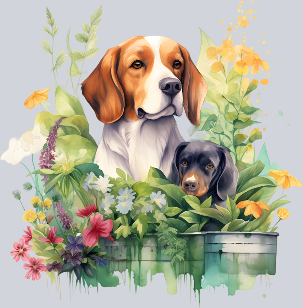 Dogs Among Flowers Illustration