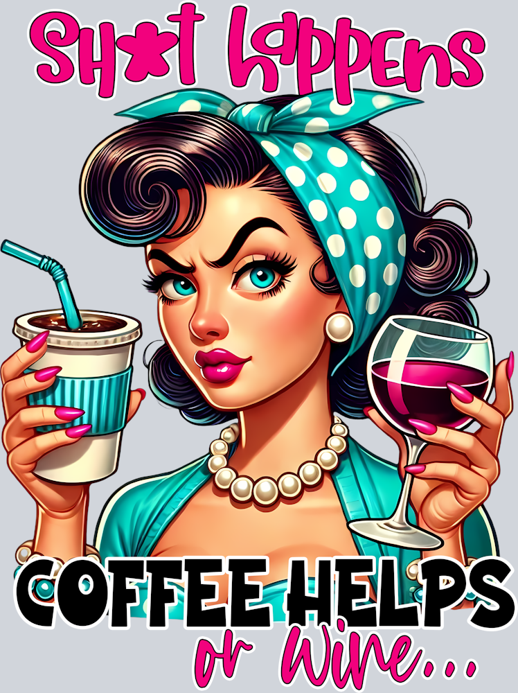 Grumpy Housewife-Shit Happens-Coffee Helps or Wine-Pin Up