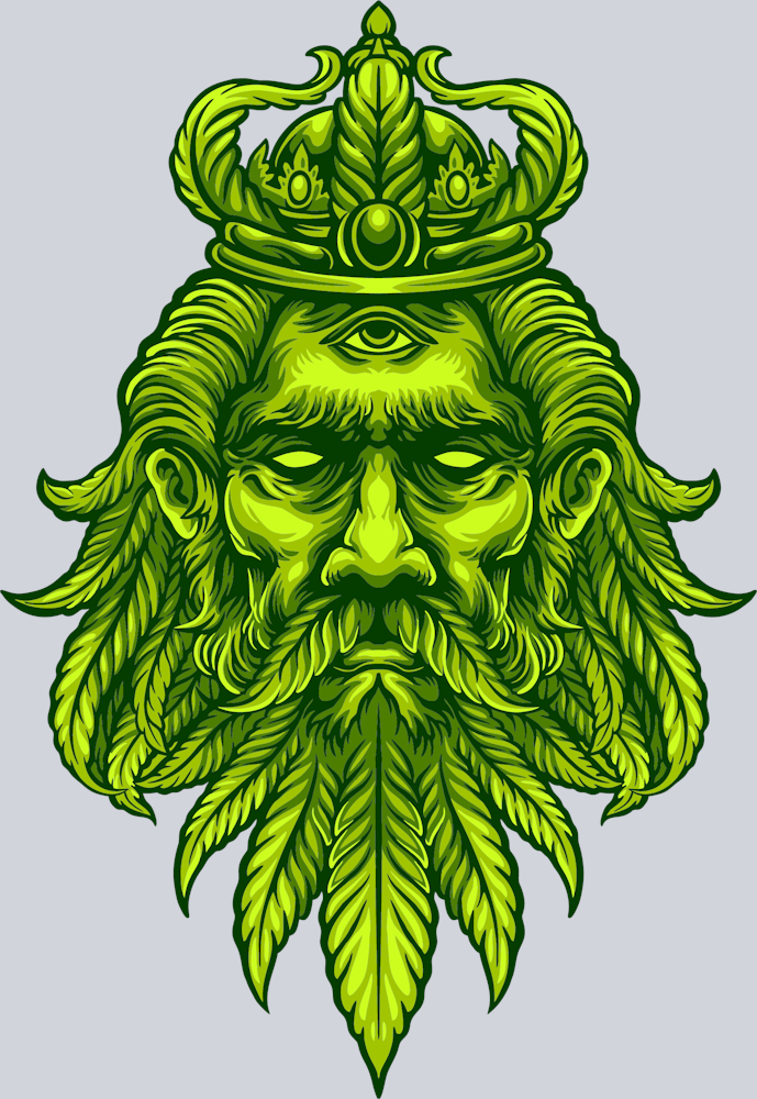 King marijuana head and the mustache and beard of cannabis leaves
