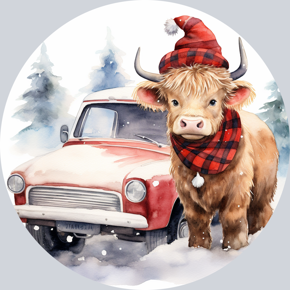 Highland Cow with Christmas Hat