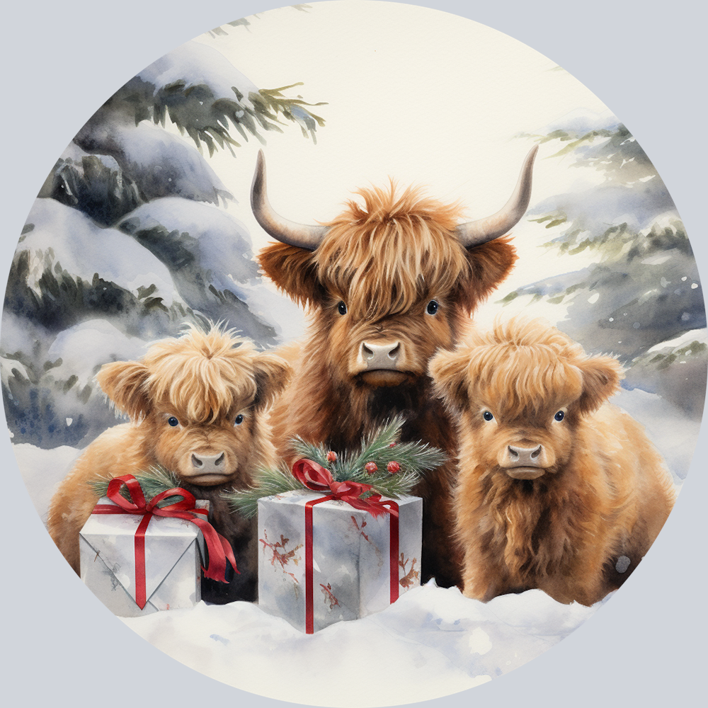 Highland Cows with Christmas Gifts
