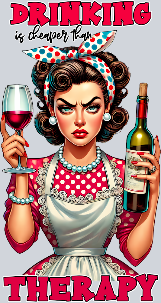 Grumpy Housewife-Drinking is Cheaper Than Therapy-Red-Pin Up