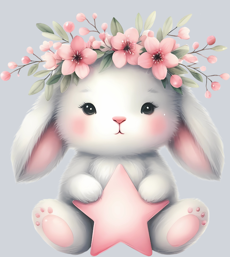 Cute Bunny with floral crown and Pink Heart