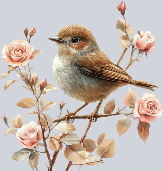 A small, soft brown bird perched delicately among pale pink blossoms