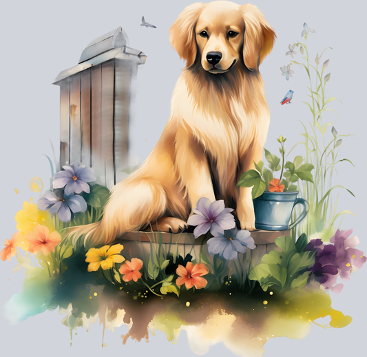 Golden Retriever in Flower Garden