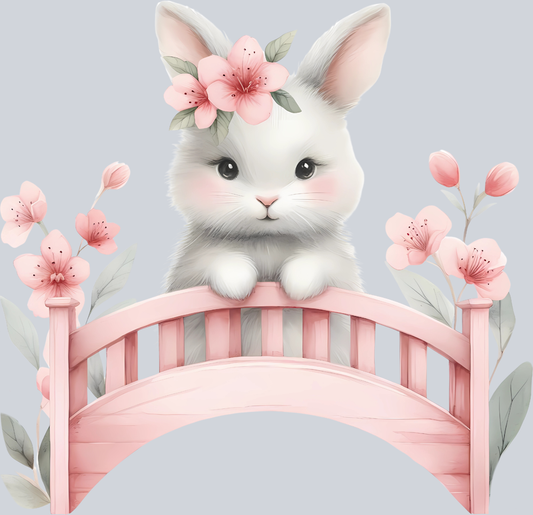 Pink Bunny on Bridge with flowers