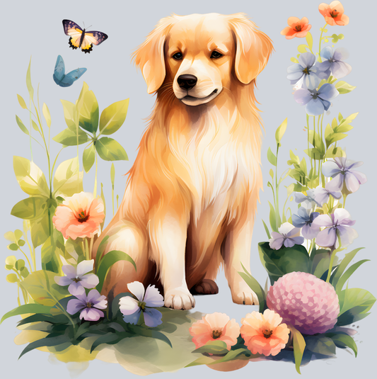 Golden Retriever with Flowers and Butterflies