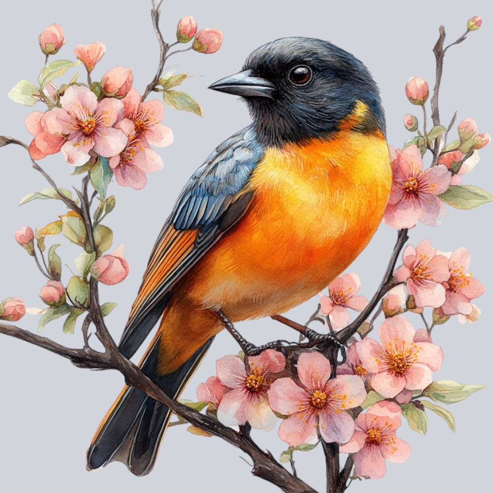 a bird perched on a flowering branch with pink blossoms