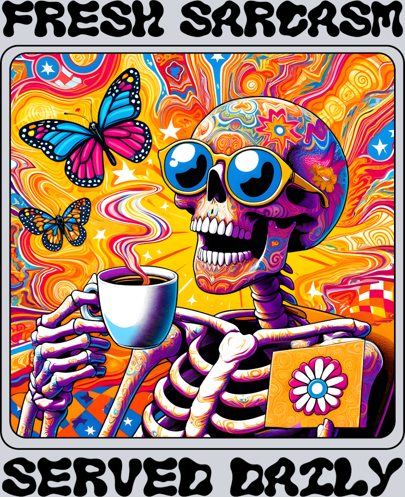 Colorful Skeleton with Coffee and Butterflies