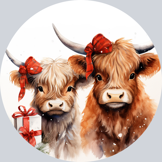 Highland Cows with Christmas Ribbons