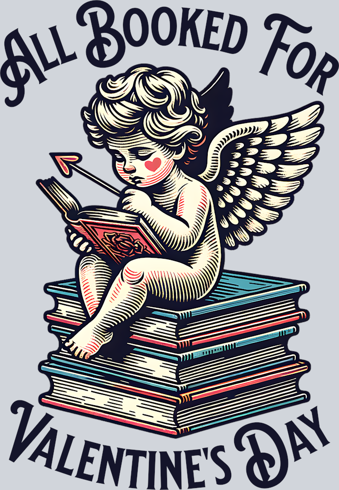 ALL BOOKED FOR VALENTINES DAY CUPID SITTING ON BOOKS PNG