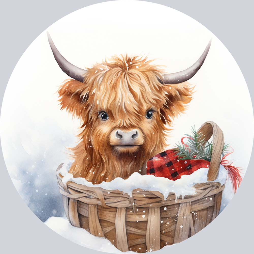 Highland Cow in Christmas Basket