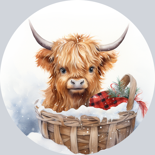 Highland Cow in Christmas Basket