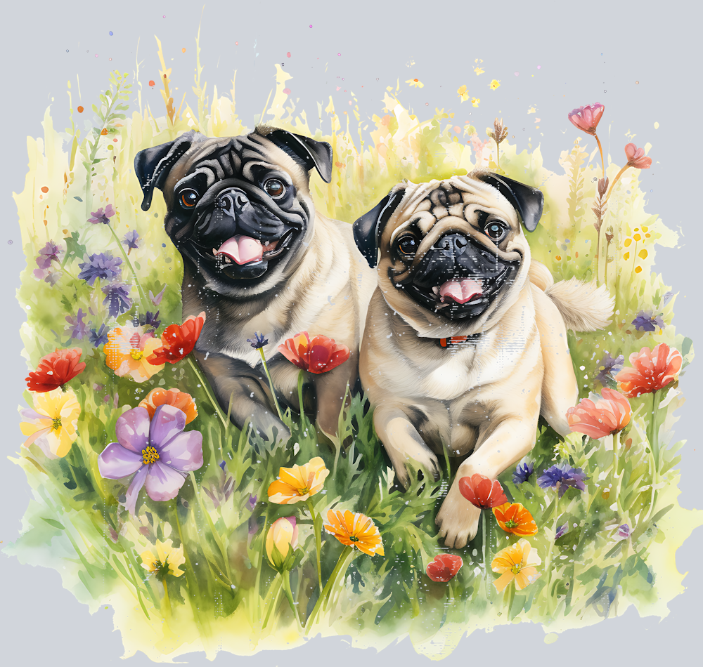 pugs-in-flower-field