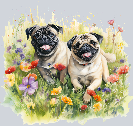 pugs-in-flower-field