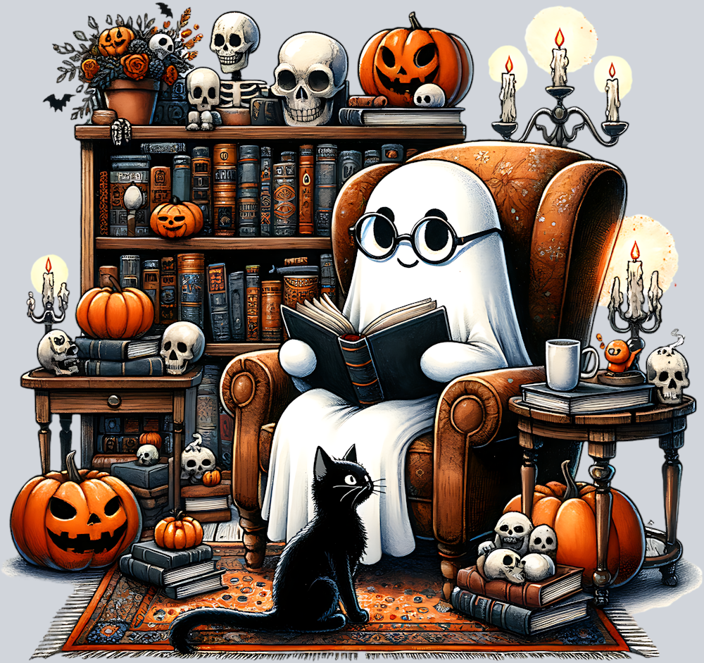 GHOST READING A BOOK WITH A BLACK CAT PNG