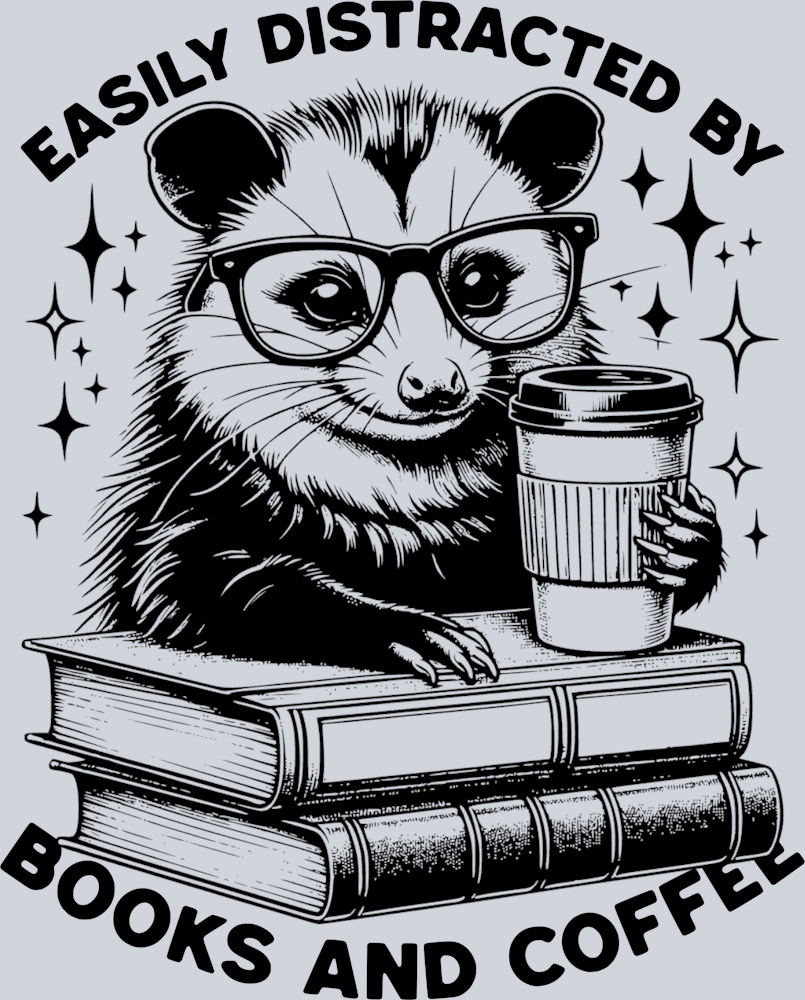 EASILY DISTACTED BY BOOKS AND COFFEE OPOSSUM BLACK DESIGN