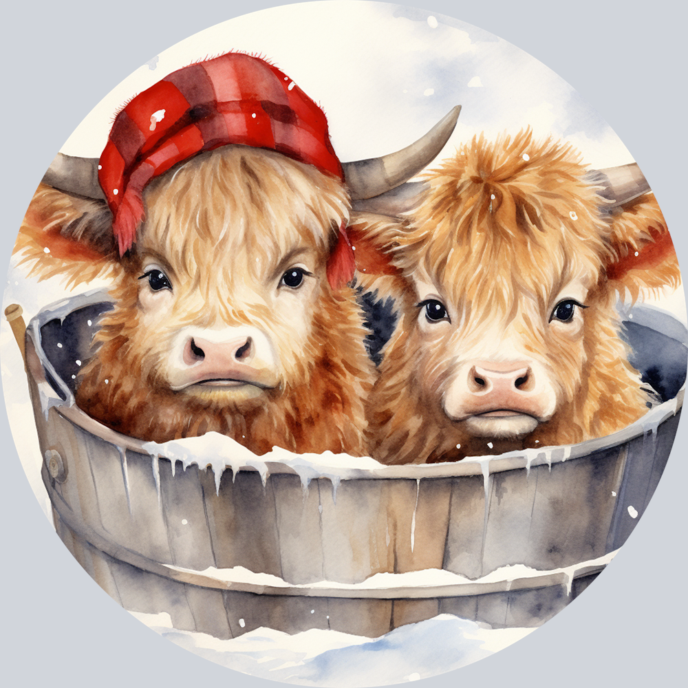 Highland Cows in Winter Bucket