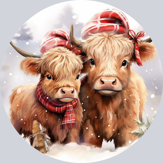 Highland Cows in Christmas Hats