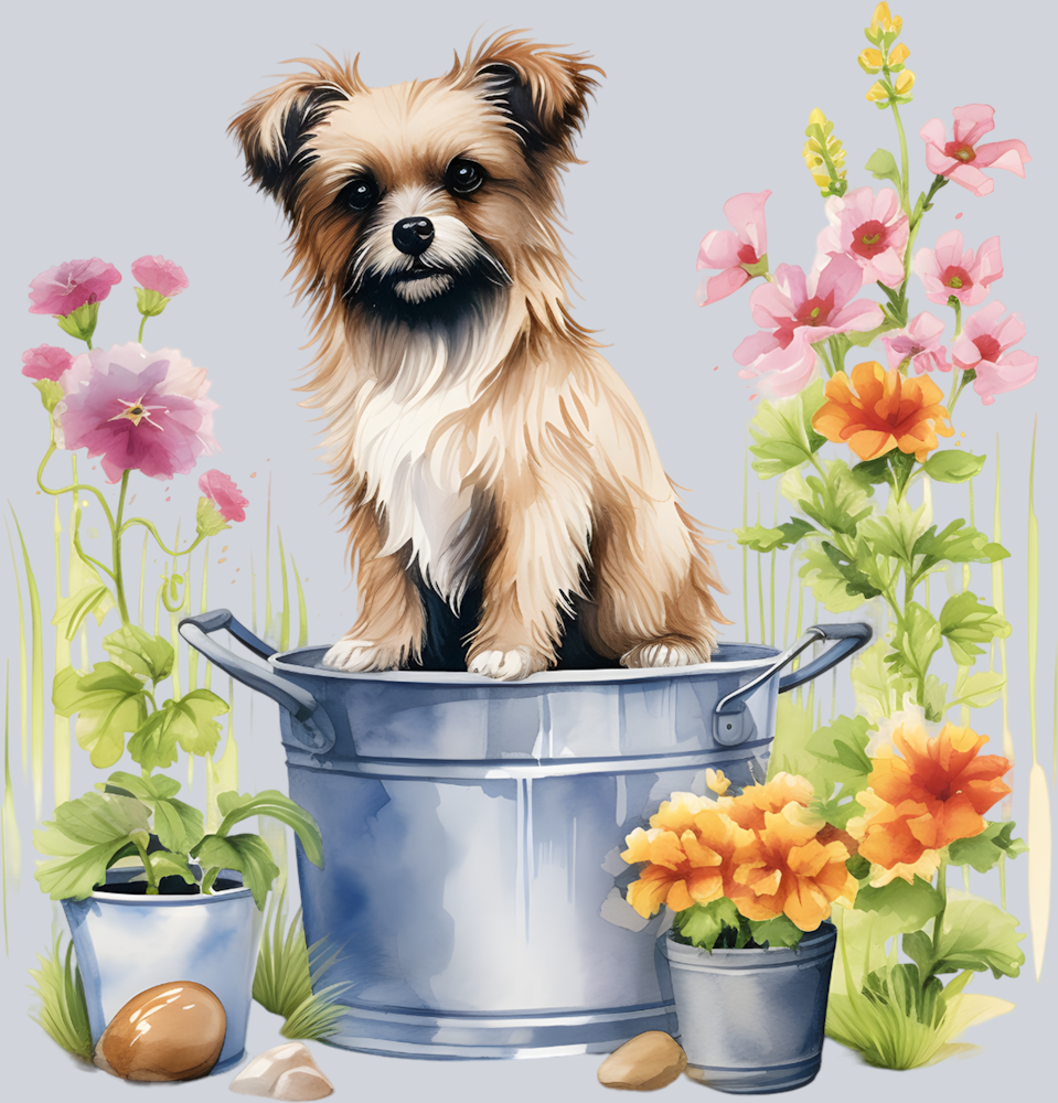 dog in bucket with flowers