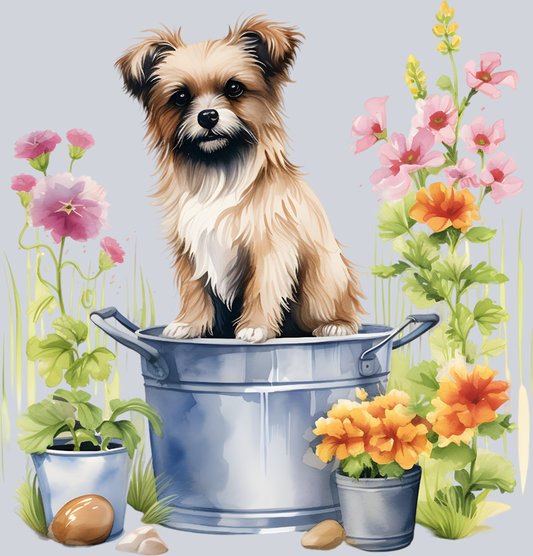 dog in bucket with flowers