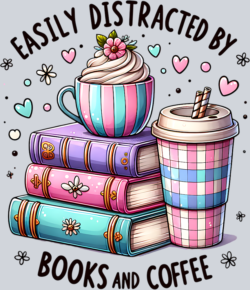 EASILY DISTRACTED BY BOOKS AND COFFEE COLORFUL PNG 2