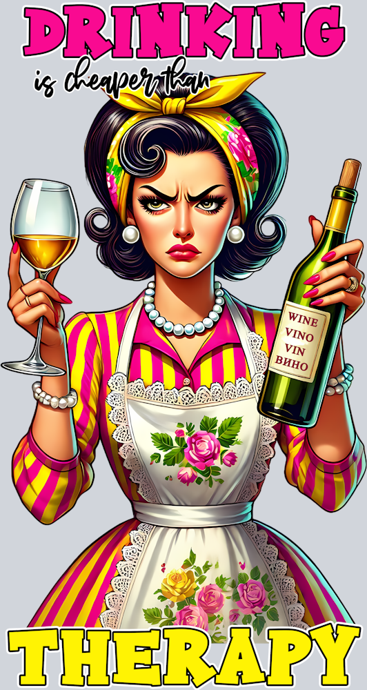 Grumpy Housewife-Drinking is Cheaper Than Therapy-Pin Up